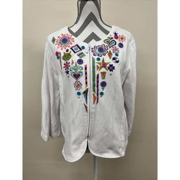 Mackie Sweaters - Bob Mackie Wearable Art MCM Themed Zip Up Sweater 100% Cotton XL White FS Chrty